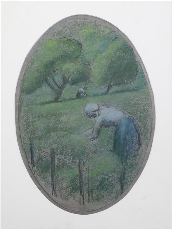 Julie Gonzalez (1876-1942) Paysanne dans un prairie, c.1919-20, oval, 12 x 8.5in.